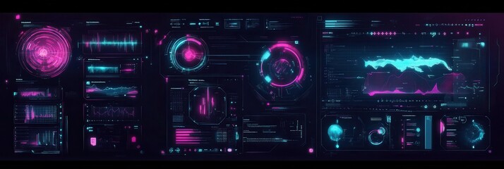 Futuristic cyberpunk dashboard with neon typography and digital HUD overlays for tech-driven graphic resources