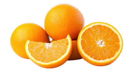 Fototapeta premium Fresh orange slices and whole oranges on a white isolated background, showcasing vibrant color and juicy texture, perfect for healthy recipes.