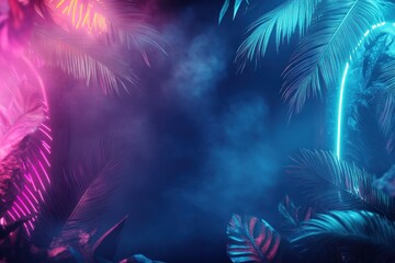 Fototapeta premium Vibrant neon-lit tropical scene with lush palm leaves, misty background, creating an immersive atmosphere ideal for nightlife themes