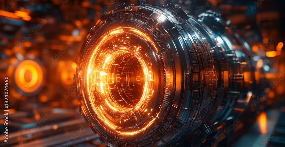 Poster A close-up view showcases a complex quantum processor with vibrant orange glowing elements. This highlights the advanced technology behind qubits, entanglement, and optimization processes.