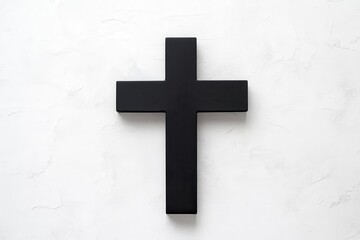 minimalist black cross on stark white background, with subtle shadow creating depth, embodying spiritual simplicity and profound religious symbolism through geometric precision and high contrast