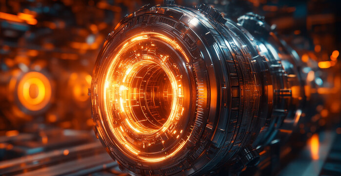A close-up view showcases a complex quantum processor with vibrant orange glowing elements. This highlights the advanced technology behind qubits, entanglement, and optimization processes.