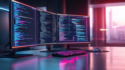 A modern workspace featuring dual monitors displaying colorful code and vibrant lighting.