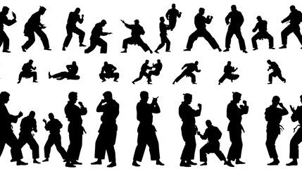 Collection of black silhouettes of people practicing judo. Shadows of the fighting men on a white background. Martial arts illustrations.