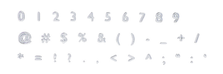 Number silver 3d set. Metallic foil balloons in the form of numbers from 0 to 9. Glossy chrome inflatable balloon numbers and sign on transparent background. 3D render, png © Iryna