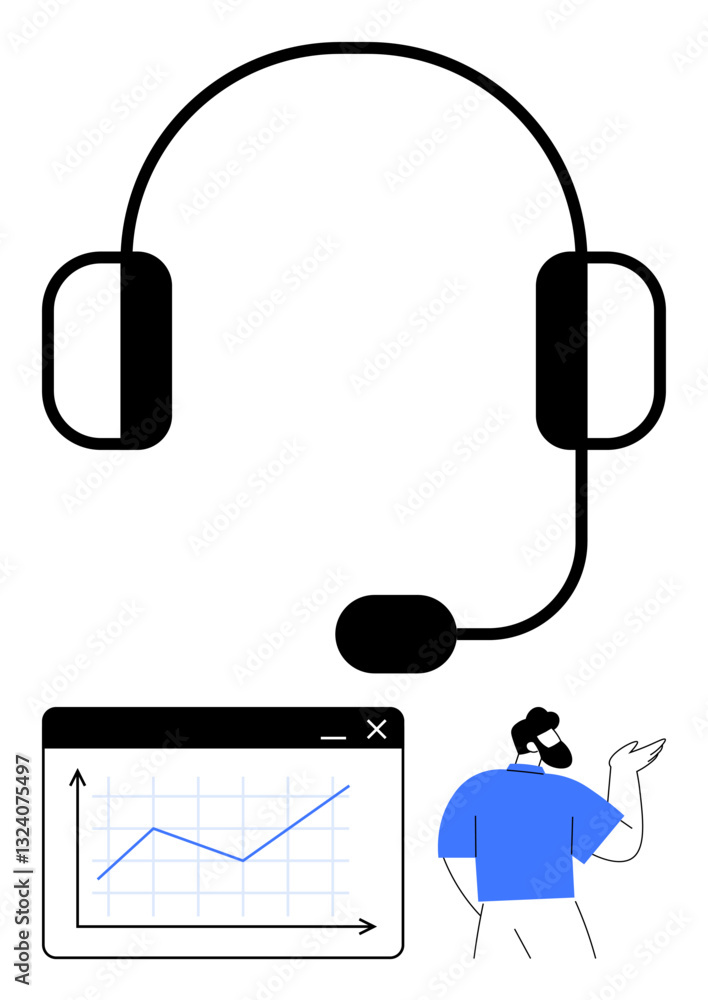 Aufkleber headset with microphone, upward analytics graph, and person gesturing in conversation. ideal for cus