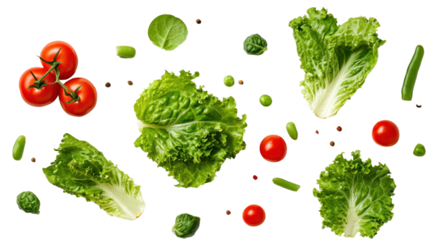 Fresh vegetables including tomatoes and lettuce arranged on a white isolate background, ideal for healthy eating concepts.