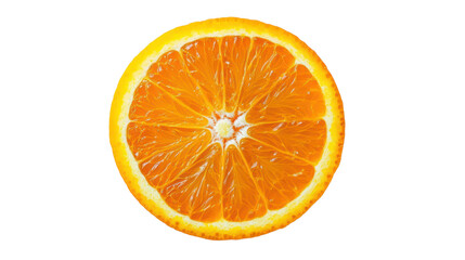 Freshly cut orange slice displaying juicy segments and vibrant color on a white isolate background.