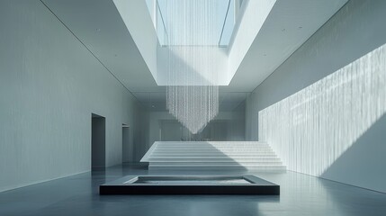 Fototapeta premium A sleek metal chandelier, suspended from a transparent skylight, casts a soft glow on a minimalist white room, its minimalist design a testament to modern aesthetics.