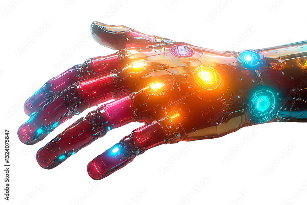 Aufkleber Futuristic robotic hand with colorful lights, showcasing advanced technology and design against a white isolate background.