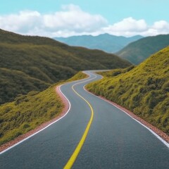 Naklejka premium Winding asphalt road curves through lush green hills under a bright blue sky with fluffy white clouds. Yellow center line and edges