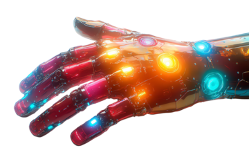 Futuristic robotic hand with colorful lights, showcasing advanced technology and design against a white isolate background.