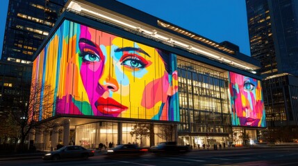 A vibrant building facade illuminated by colorful artwork featuring a striking portrait, creating a lively urban atmosphere at night.