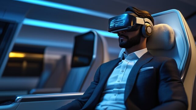 Businessman Using VR Headset in Modern Aircraft
