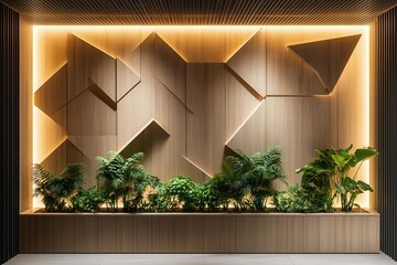 minimalist interior wall featuring geometric wood paneling with integrated planters holding cascading ferns and philodendrons, soft ambient lighting creating depth against neutral tones