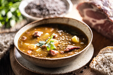 Lentil stew or soup with smoked pork meat, traditional Slovak or Czechv food