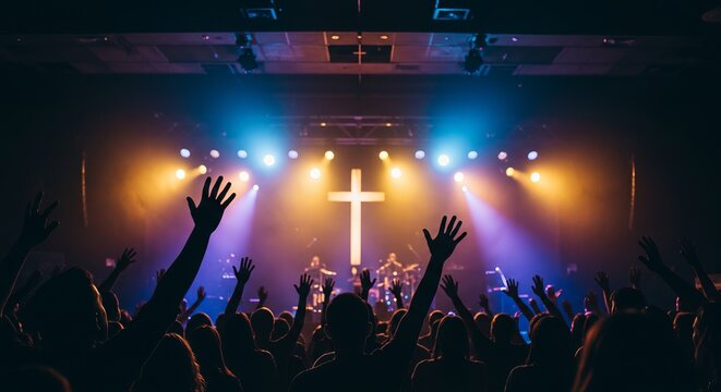Church worship with raised hands and cross on stage. Religious, spiritual design perfect for faith, church, or concert themes.