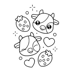 cute cow and strawberry vector illustration with kawaii style