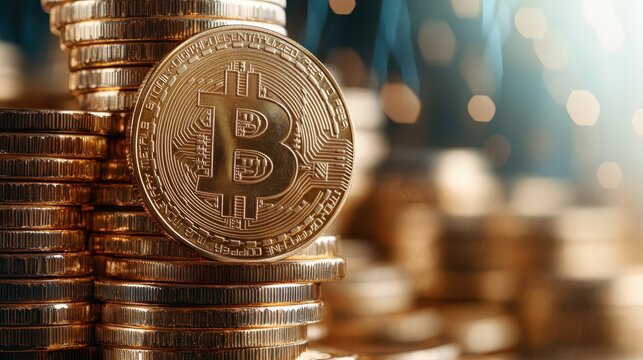 A prominent Bitcoin coin stands out among a collection of gold coins, highlighting the intersection of traditional and digital currencies, along with their growing significance in modern finance.