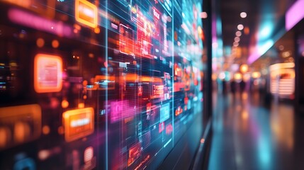 Close-up of a futuristic holographic shopping interface showcasing vibrant graphics and interactive elements in a modern retail environment