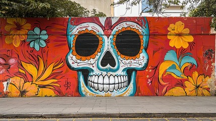 A vibrant mural featuring a decorative skull surrounded by colorful flowers, embodying cultural celebration and artistic expression.