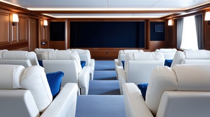 Luxury Yacht Home Theater, White Leather Seats