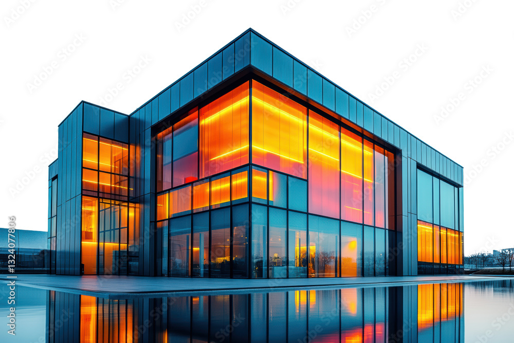 Poster modern architectural design showcasing large glass structures with vibrant colors reflecting in wate