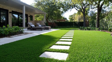 Modern Backyard Oasis: Stone Path & Artificial Turf
