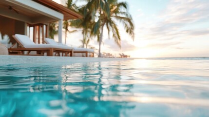 This luxurious image shows a tranquil pool side with a serene view, surrounded by palm trees and sunbeds, embodying relaxation and a perfect getaway in paradise.