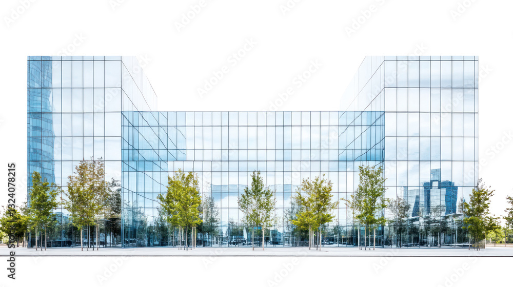 Poster modern glass building with a sleek design and lush trees in front, showcasing contemporary architect
