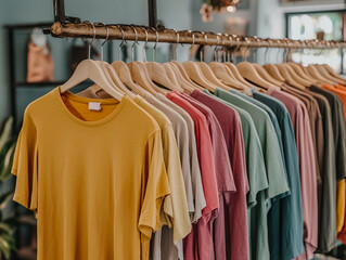 Obraz premium T-shirts on hangers. Dressing room, wardrobe. Clothes hang on wooden hangers. Clothes rack. 