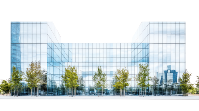 Modern glass building with a sleek design and lush trees in front, showcasing contemporary architecture and urban landscaping.