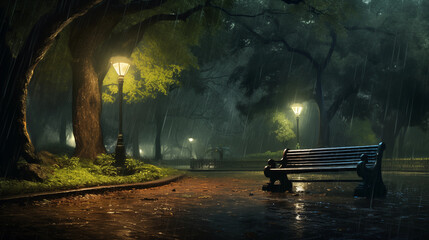 Rainy Night Park Bench: Serene Night Scene