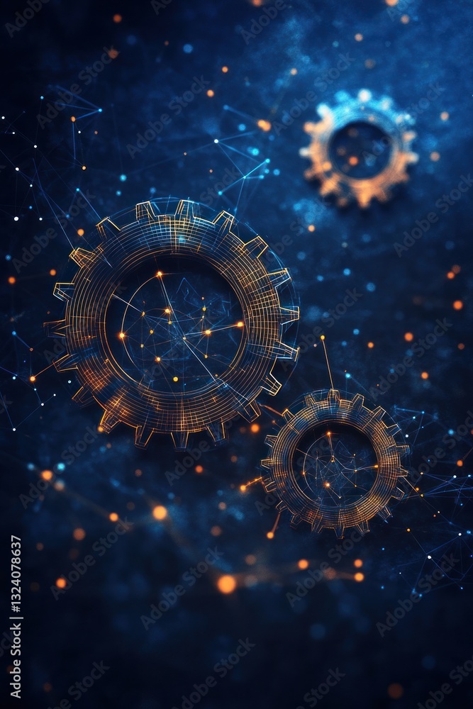 Poster abstract representation of interconnected gears and digital elements in a blue and orange color sche