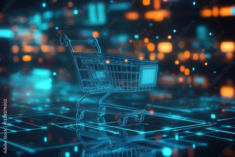 Poster futuristic shopping cart floating in digital realm with glowing holographic interface and cyberpunk 