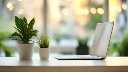 Natural Light Enhances Minimalist Office Desk with Blurred Urban View, Embracing Simplicity and Concentration in a Contemporary Workspace