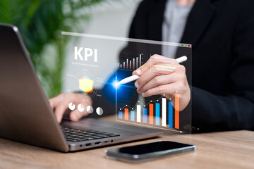 KPI, dashboard management data System concept, Businesswoman using digital screen to analyze key performance indicators, Various graphs comparative measurements,Performance tracking, Tarket, Marketing