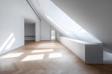 Fototapeta premium minimalist luxury interior with warm wooden herringbone flooring, soaring white walls bathed in natural light from hidden skylights, creating dramatic shadows and a sense of expansive serenity