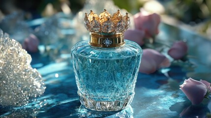 A sleek glass perfume bottle, adorned with a golden cap that shimmered like a miniature crown, held a golden liquid that mirrored its elegant form, resting on a smooth, cerulean surface.