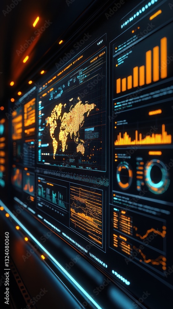 Poster futuristic data visualization dashboard displaying global statistics and trends