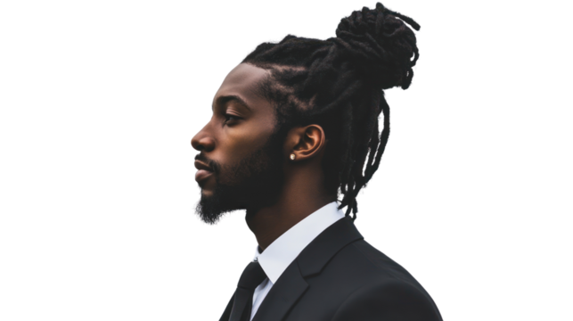 Profile view of a stylish man wearing a suit, showcasing confidence and modern fashion against a white isolated background.