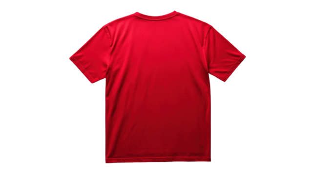 Red t-shirt displayed on a white isolated background, showcasing the design and fabric texture, ideal for fashion and clothing marketing.