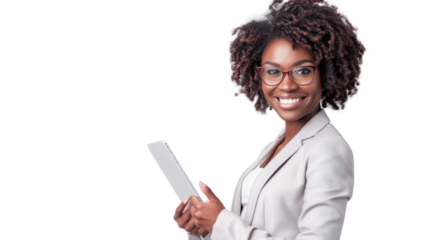 Smiling businesswoman holding digital tablet on transparent background
