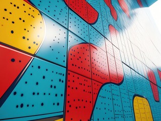 Colorful abstract wall design featuring blue, red, and yellow shapes