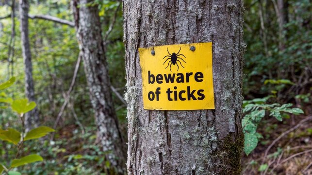 Bright yellow warning sign with "Beware of Ticks" message placed in a dense forest. Caution sign alerting hikers and visitors about tick danger, emphasizing health risks and outdoor safety precautions