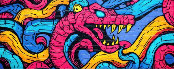 A vibrant mural featuring a pink dragon intertwined with colorful waves, showcasing bold lines and dynamic patterns.