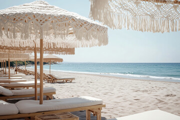 Beach relaxation with white umbrellas and lounge chairs.
