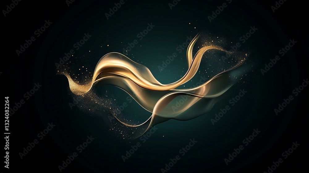 Poster a dynamic abstract eid background with golden metallic fluid forms flowing across a deep emerald gra