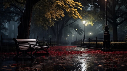 Rainy Night Park Bench - Autumnal Mood