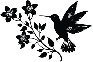 Elegant Hummingbird Silhouette with Floral and Leafy Branch Design